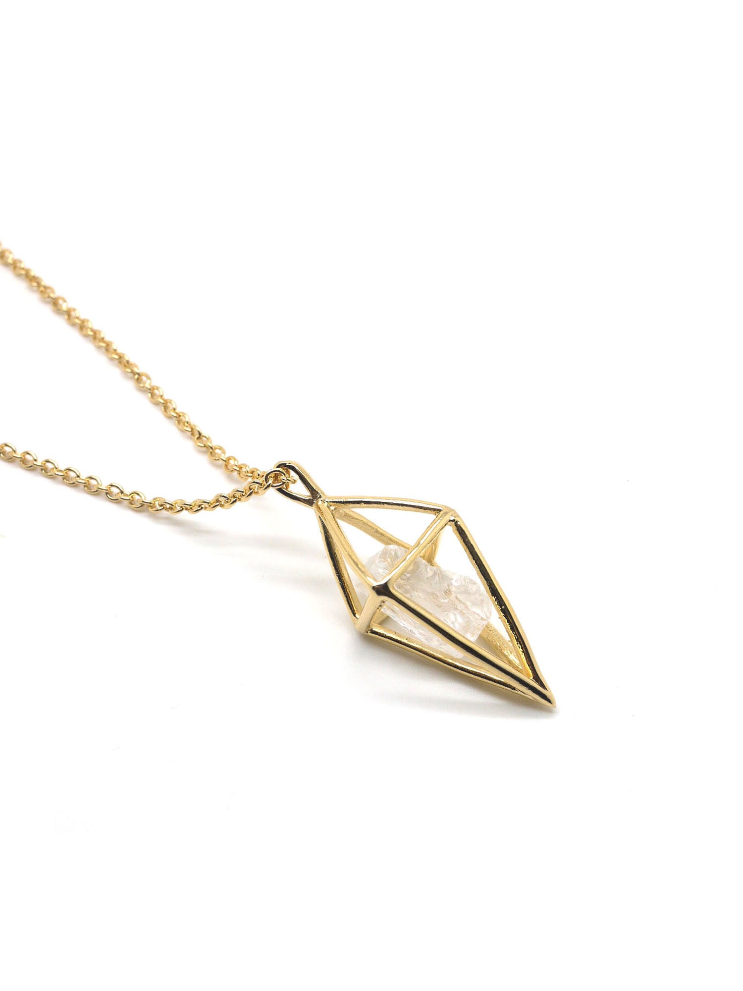 Diamond Stone Necklace - Gold - White Quartz