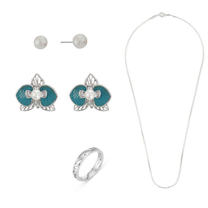 [IN]TRIGUE X SIA BLOOM EARRINGS/ NECKLACE/ RING SET-RHODIUM